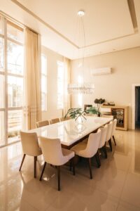 Stylish dining room featuring a contemporary design and elegant furniture arrangement.