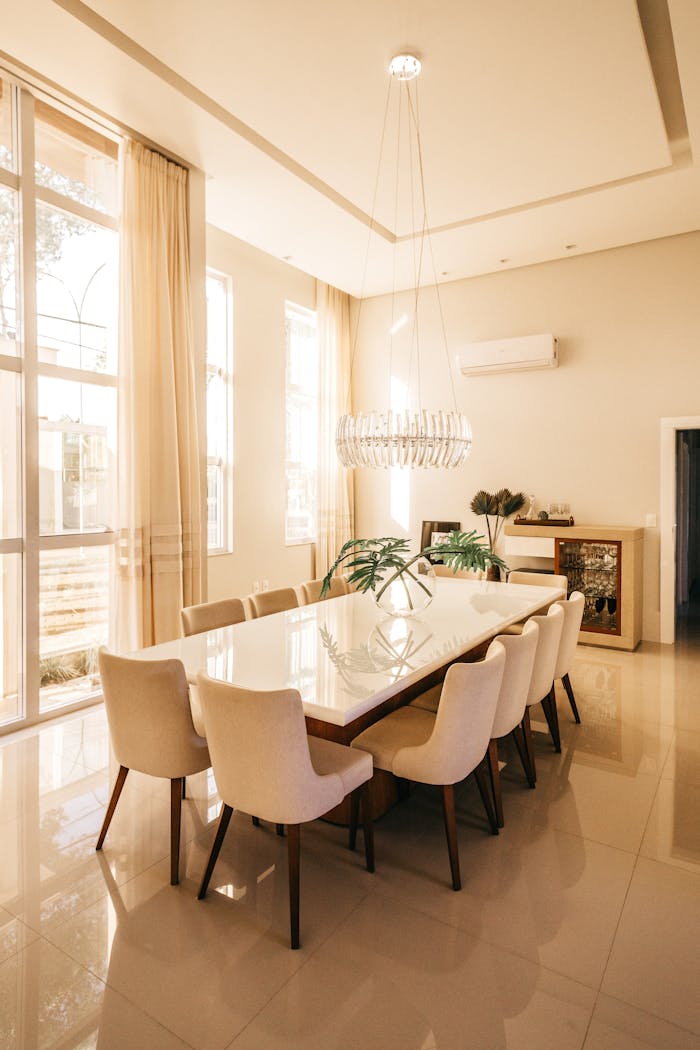 Stylish dining room featuring a contemporary design and elegant furniture arrangement.